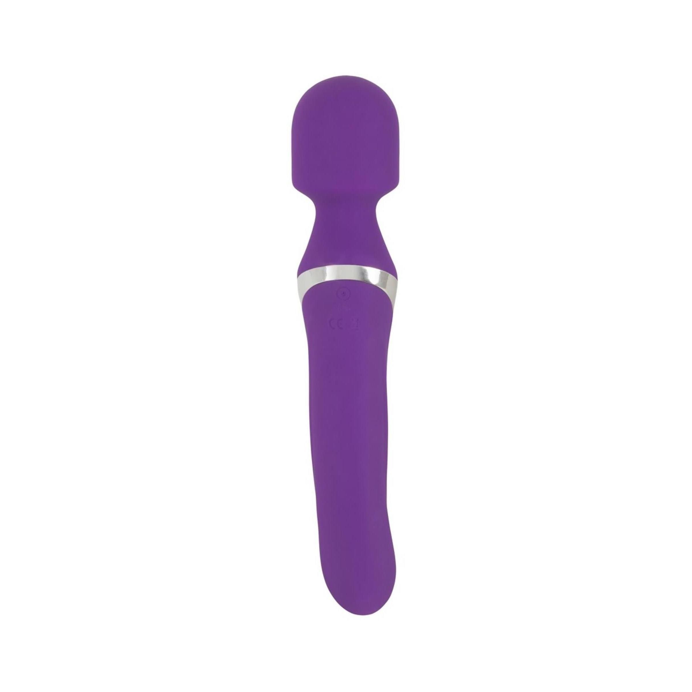 Lila Massagestab mit silberfarbenem Akzent. Ergonomische Form mit abgerundetem Kopf und geradem Griff.