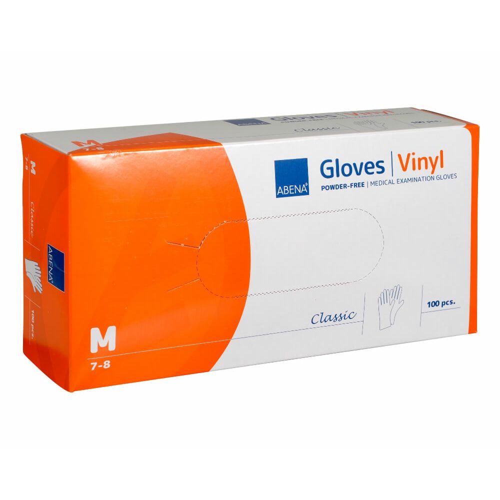 Verpackung mit Handschuhen. Marke ABENA, Vinyl, puderfrei. Größe M, 100 Stück. Orange-weißes Design.