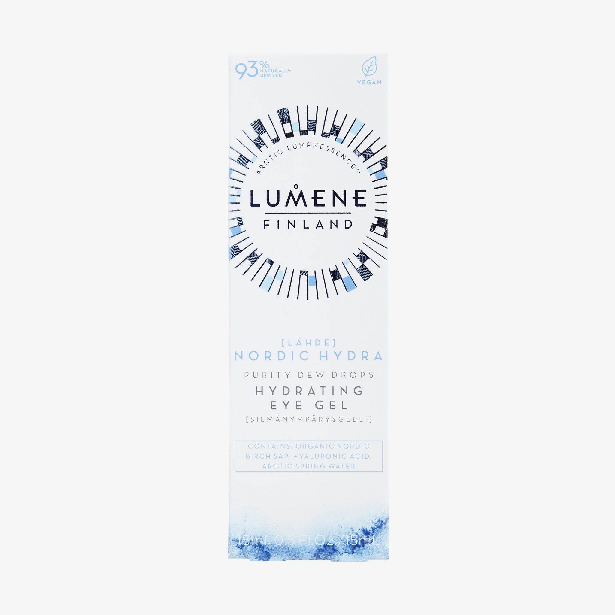 Weiße Verpackung mit blauen Akzenten. Aufschrift: Lumene Finland, Nordic Hydra Purity Dew Drops Hydrating Eye Gel. Vegan-Siegel.