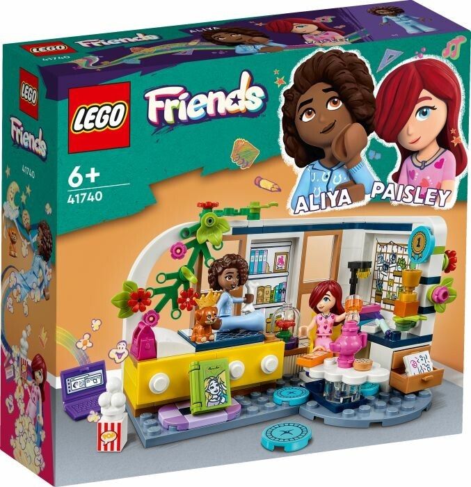 LEGO Friends 41740. La confezione mostra il logo LEGO, il nome del prodotto e l'età 6+. Il set raffigura una camera da letto per un pigiama party con i personaggi di Aliya e Paisley. Include un letto, un laptop, popcorn e altri accessori.