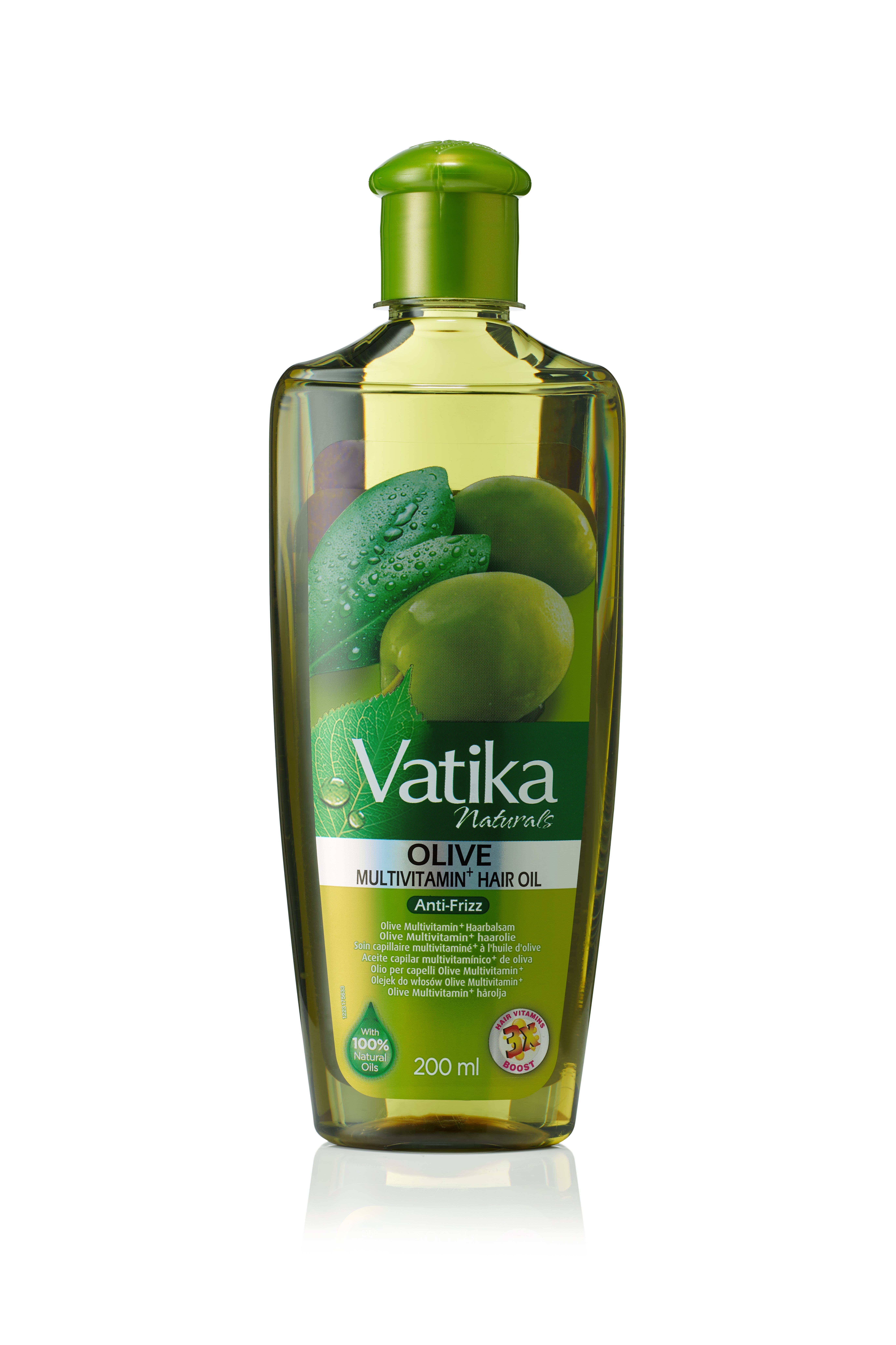 Haarölflasche mit Oliven- und Blättermotiv. Aufschrift: Vatika Naturals, Olive Multivitamin Hair Oil, Anti-Frizz.