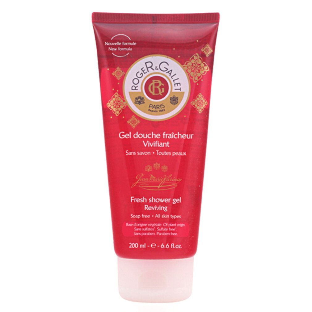 Rote Tube Duschgel. Logo ROGER & GALLET, Schriftzug 'Gel douche fraîcheur Vivifiant'. Text 'Fresh shower gel'.