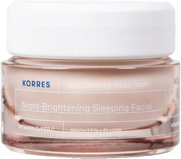 Glasbehälter mit weißem Deckel. Text: KORRES, Apothecary Wild Rose, Night-Brightening Sleeping Facial, Vitamin Super C.