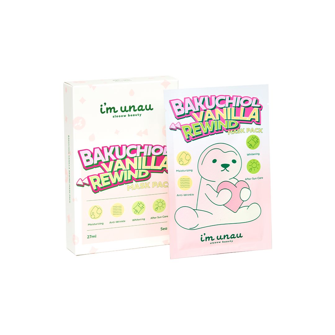 Verpackung und Einzelverpackung der Bakuchiol Vanilla Rewind Mask Pack. Aufschrift: i'm unaau, Bakuchiol Vanilla Rewind Mask Pack.