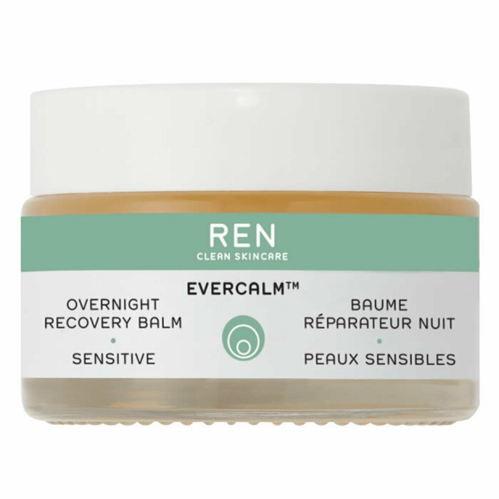 Glasbehälter mit weißem Deckel. Aufschrift: REN CLEAN SKINCARE, EVERCALM, Overnight Recovery Balm, Sensitive. Mintfarbenes Band.