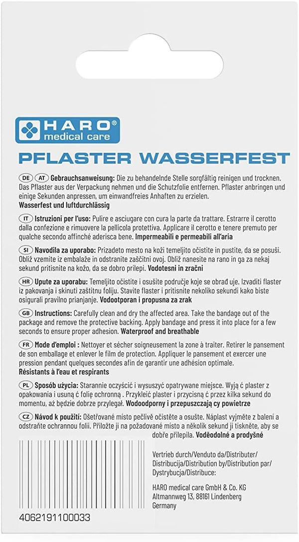 Achterkant van de Haro Waterdichte pleisters verpakking. Tekst in het Duits, Engels, Frans, Italiaans, Nederlands en Tsjechisch.