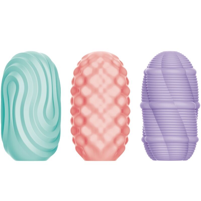 Drei ovale Produkte. Farben: Türkis, Rosa, Lila. Texturen: gewellt, Noppen, gerillt. Keine Verpackung oder Beschriftung sichtbar.