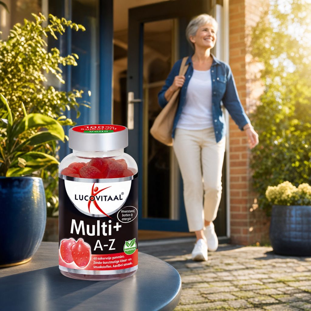 Flasche mit roten Gummibärchen-Multivitaminen, Marke Lucovitaal, Multi+ A-Z.