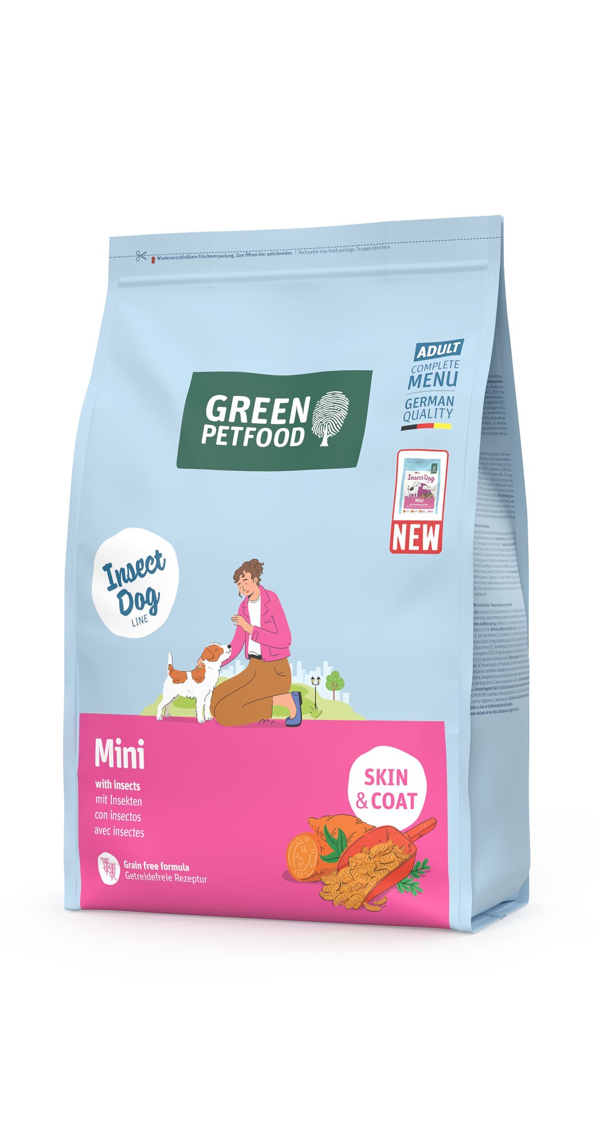 Hundefutter-Beutel. Marke Green Petfood. Mini, mit Insekten. Haut & Fell. Abbildung einer Frau mit Hund.
