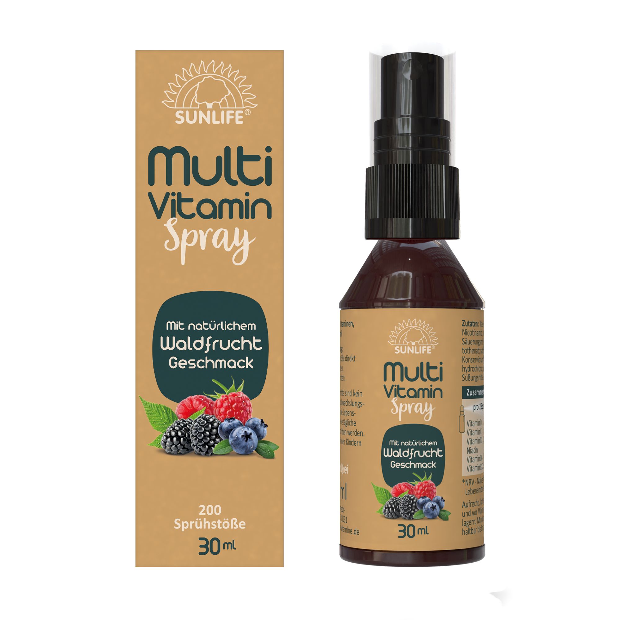 Braune Flasche und Verpackung SUNLIFE Multi Vitamin Spray. Waldfrüchte Geschmack. 30 ml, 200 Sprühstöße.