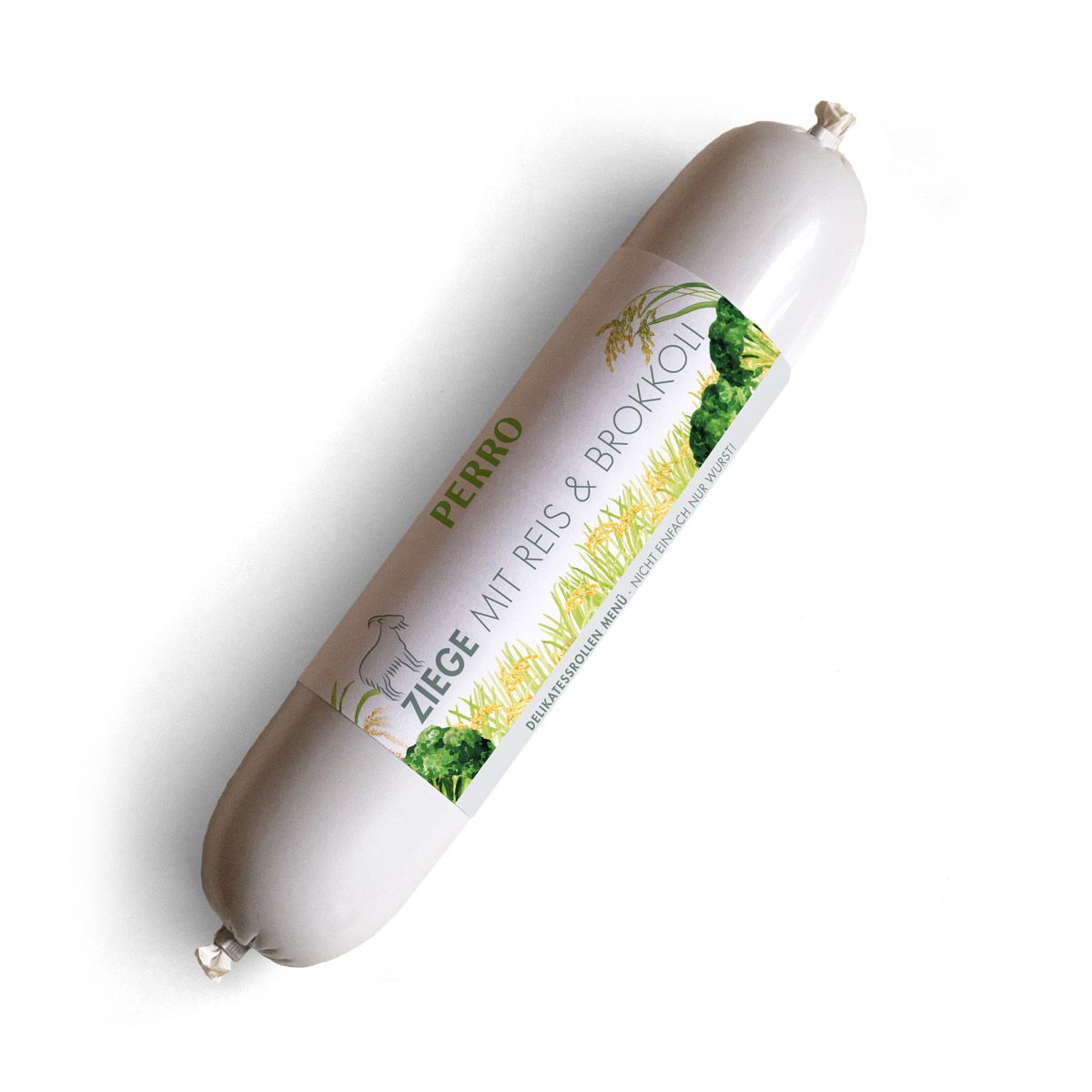 Wurstrolle mit Etikett. Aufschrift: PERRO, ZIEGE MIT REIS & BROKKOLI. Produkt für Hunde.
