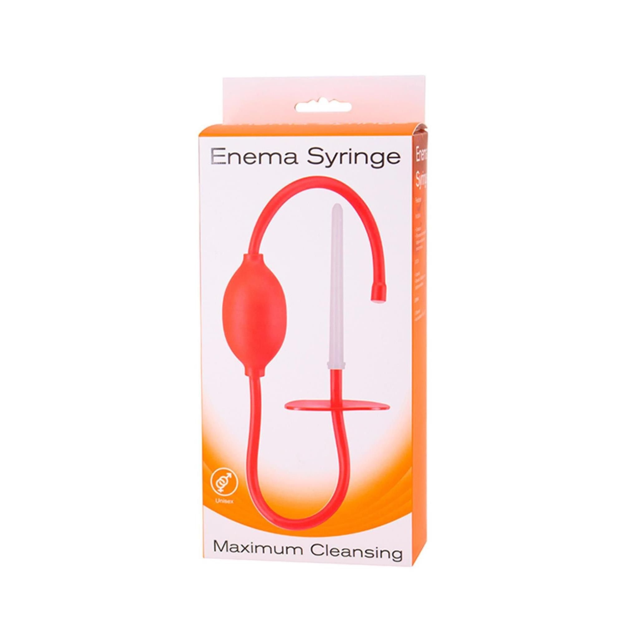 Enema Syringe in Verpackung. Roter Ballon, Schlauch und Applikator. Unisex-Symbol. Aufschrift: Maximum Cleansing.