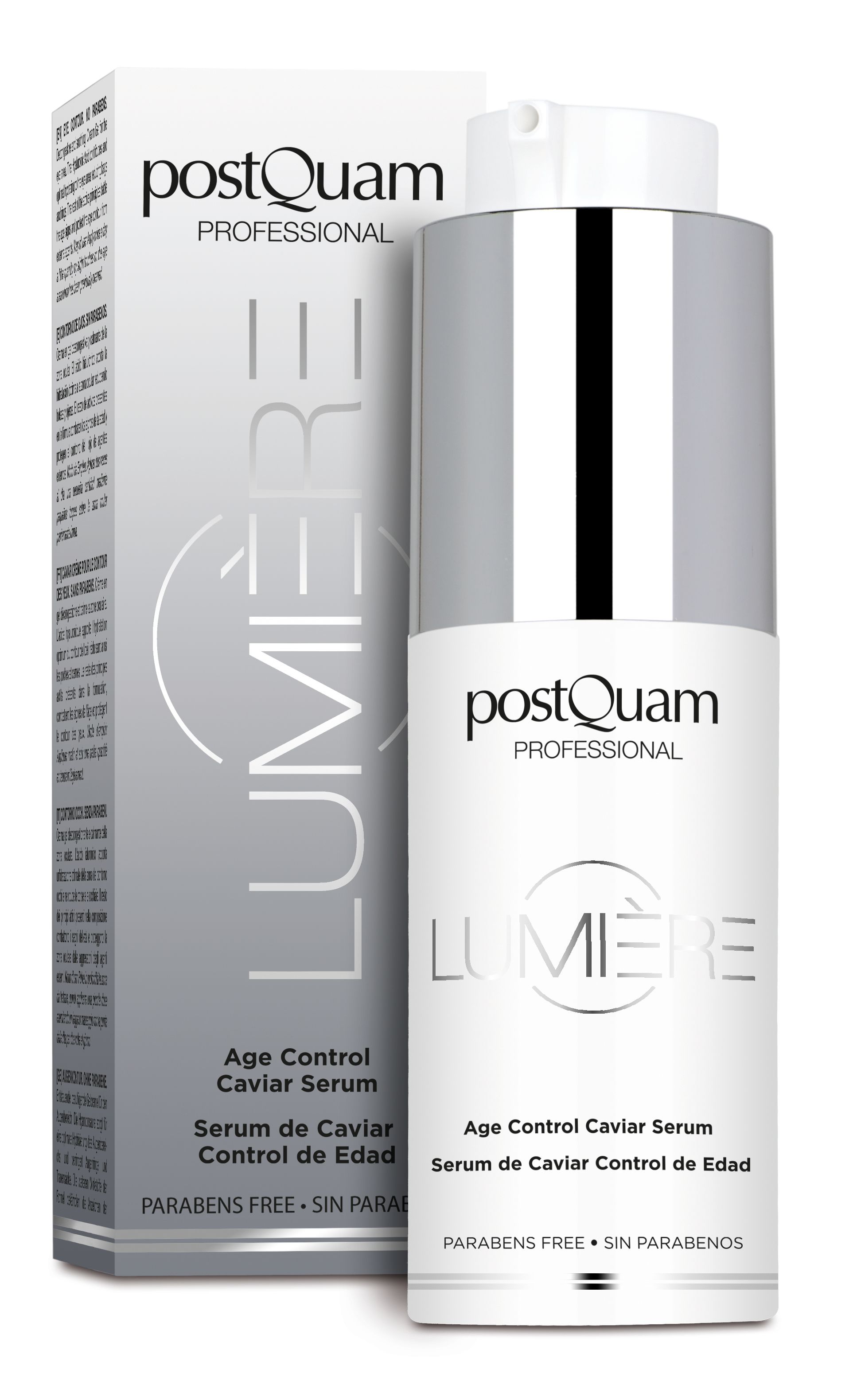 Serumflasche und Verpackung. Aufschrift: Postquam Lumière Age Control Caviar Serum. Parabenfrei.