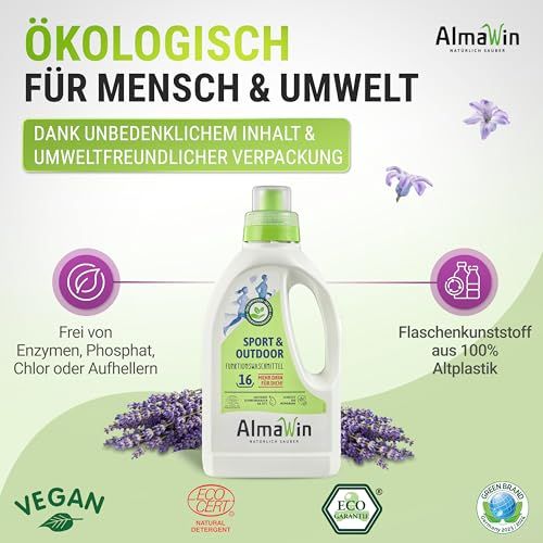 AlmaWin Sport & Outdoor Waschmittel Flasche, vegan, Öko-Zertifiziert, aus 100% Altplastik.