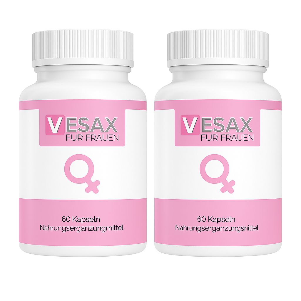 Zwei weiße Flaschen mit rosa Etiketten. Aufschrift: VESAX FÜR FRAUEN, 60 Kapseln, Nahrungsergänzungsmittel. Rosa Frauensymbol.