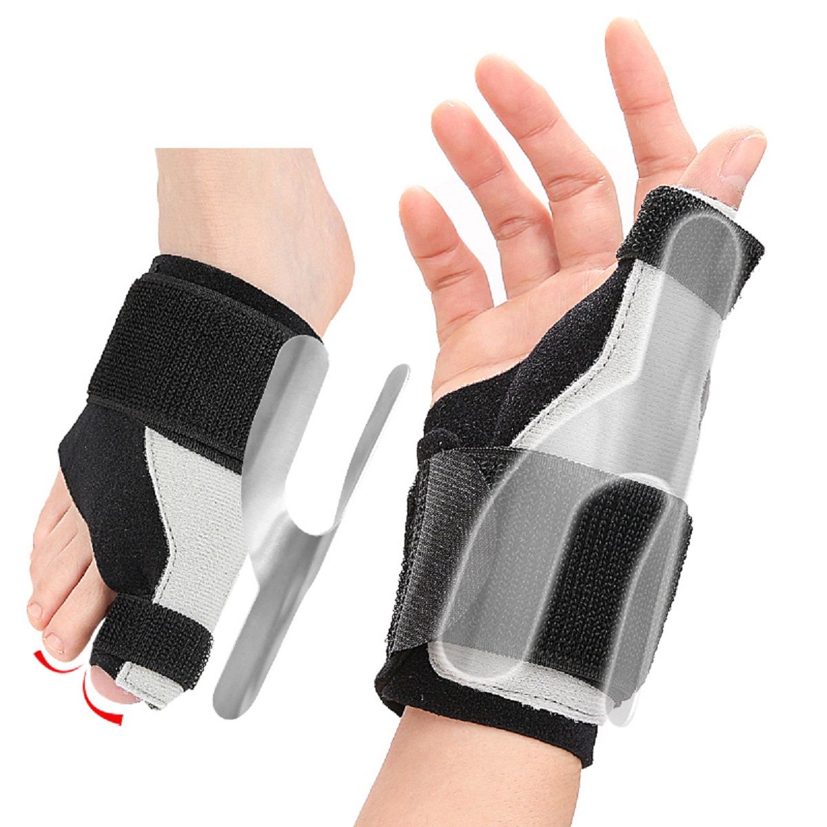 Daumen-Handgelenk-Bandage mit Alu-Schiene. Schwarz-weiß. Alu-Schiene und Bandage. Für beide Hände. Verstellbar.