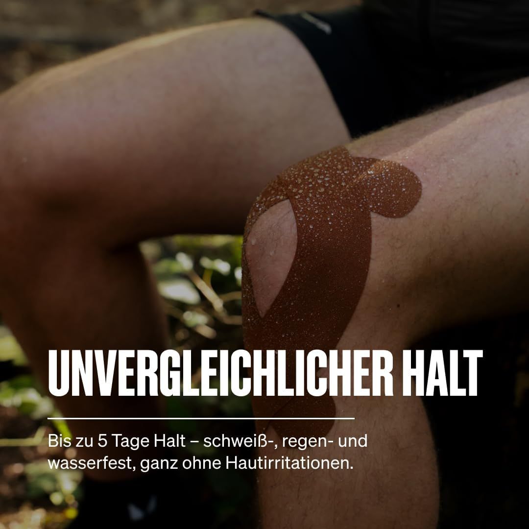 Kinesiologie-Tape auf einem Knie, braun, mit Text 'Unvergleichlicher Halt'.