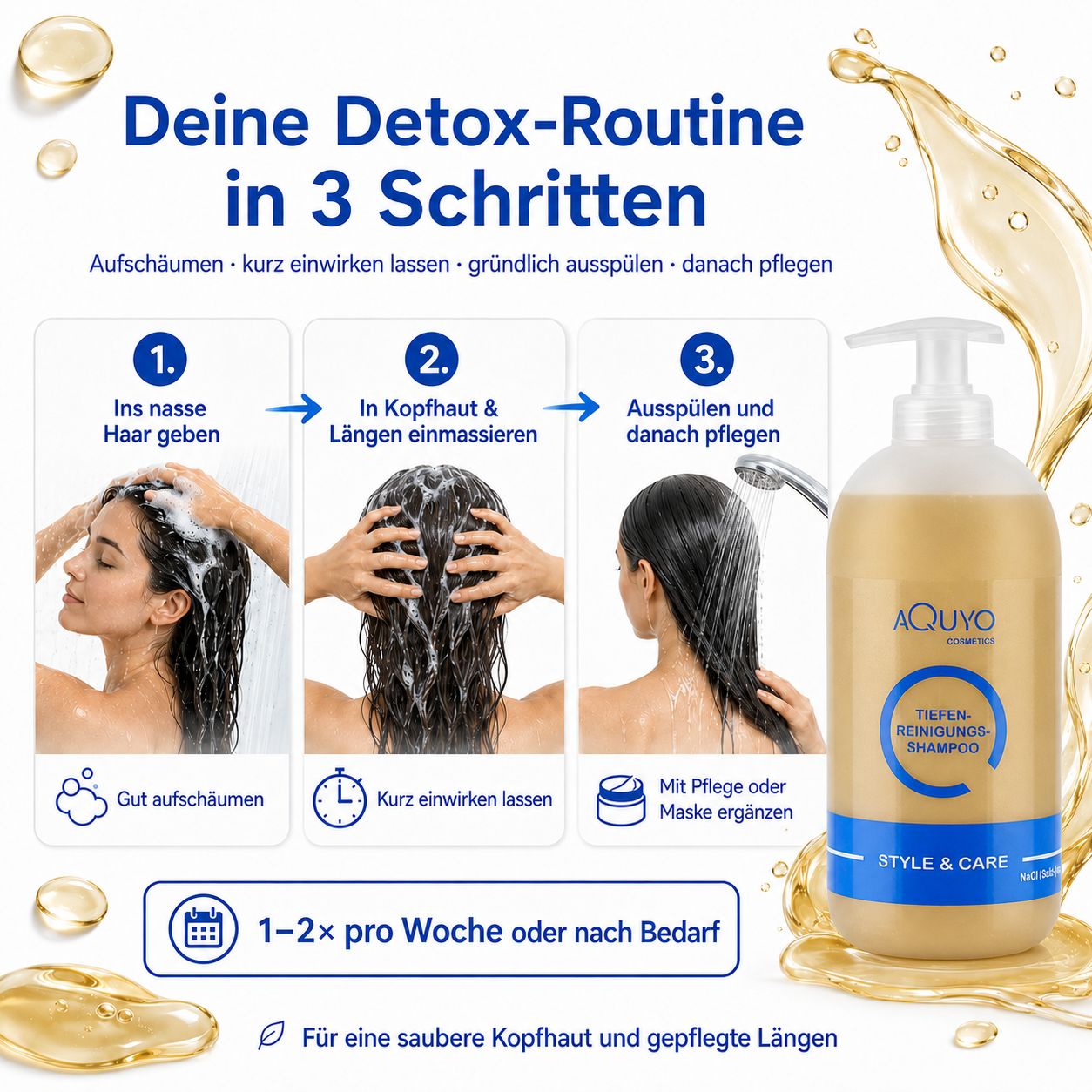 Shampoo-Flasche mit Aufschrift 'Tiefenreinigungs Shampoo'. Text: Deine Detox-Routine in 3 Schritten. Bilder von Anwendungsschritten.