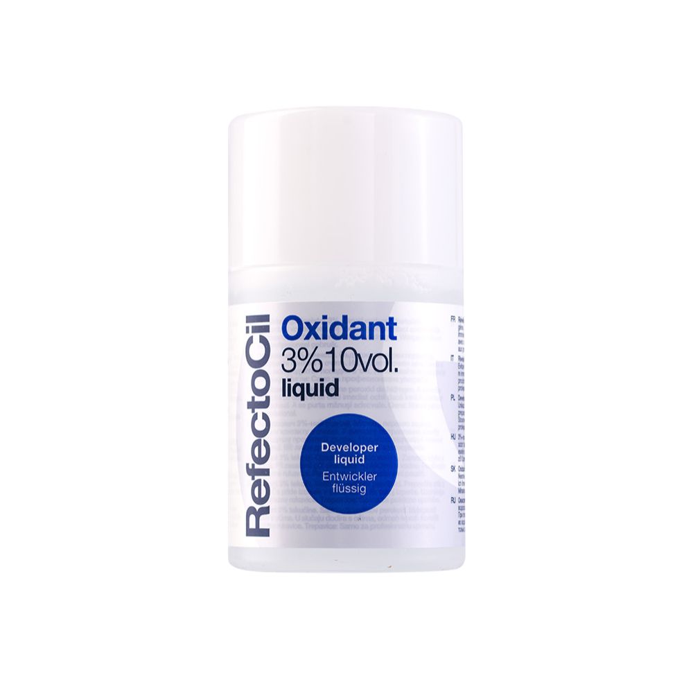 Refectocil Oxidant liquid 3% Flasche. Weiße Flasche mit blauer Schrift. Entwicklerflüssigkeit.