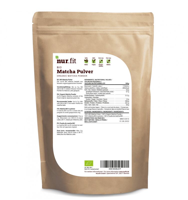 Rückseite der Verpackung mit BIO Matcha Pulver. Enthält Nährwertangaben und Gebrauchsanweisung.