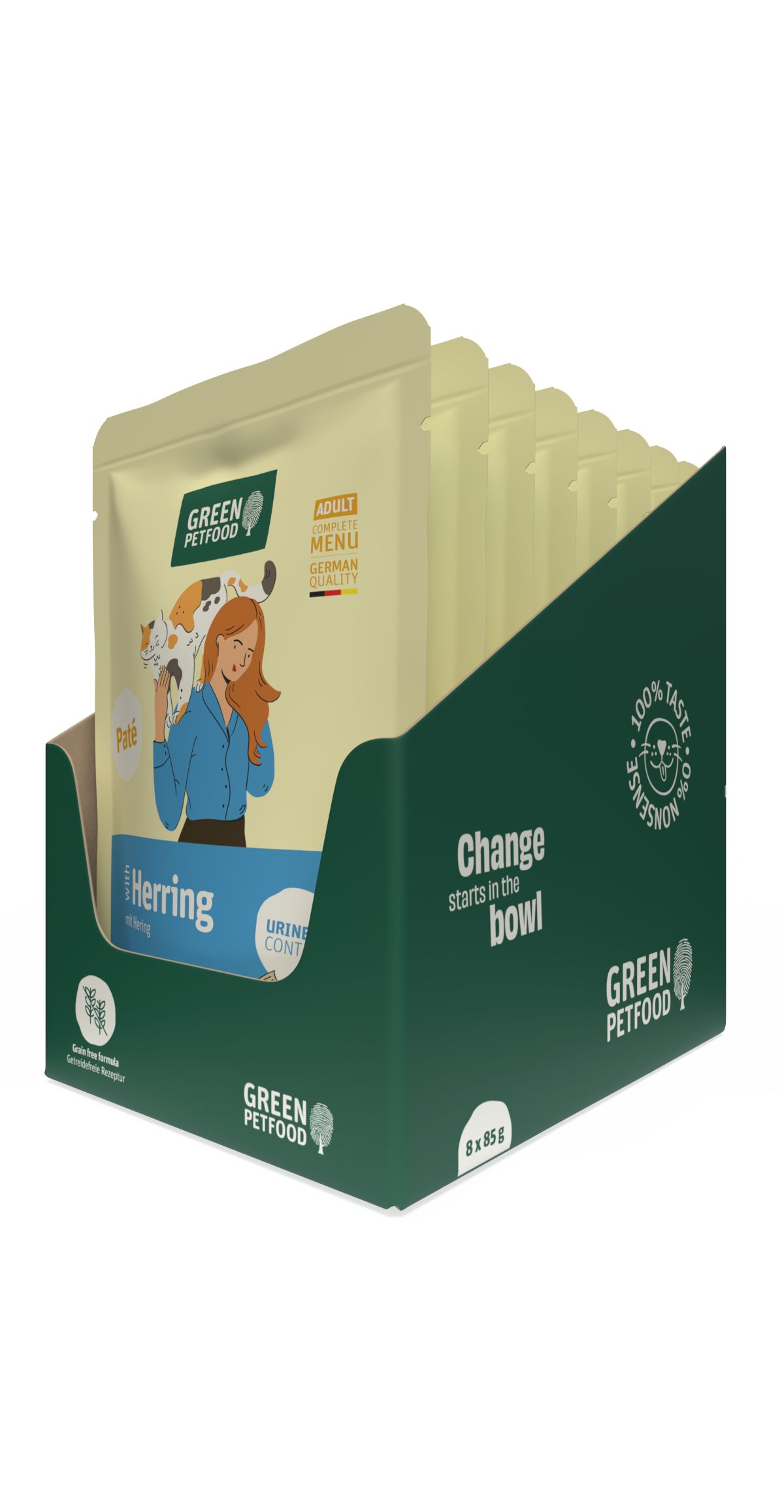 Green Petfood Katzennahrung Paté mit Hering in einer 8er-Packung.