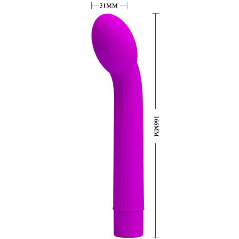 Lila Vibrator mit gebogener Form. Abmessungen: 166 mm lang, 31 mm breit. Material: Silikon.