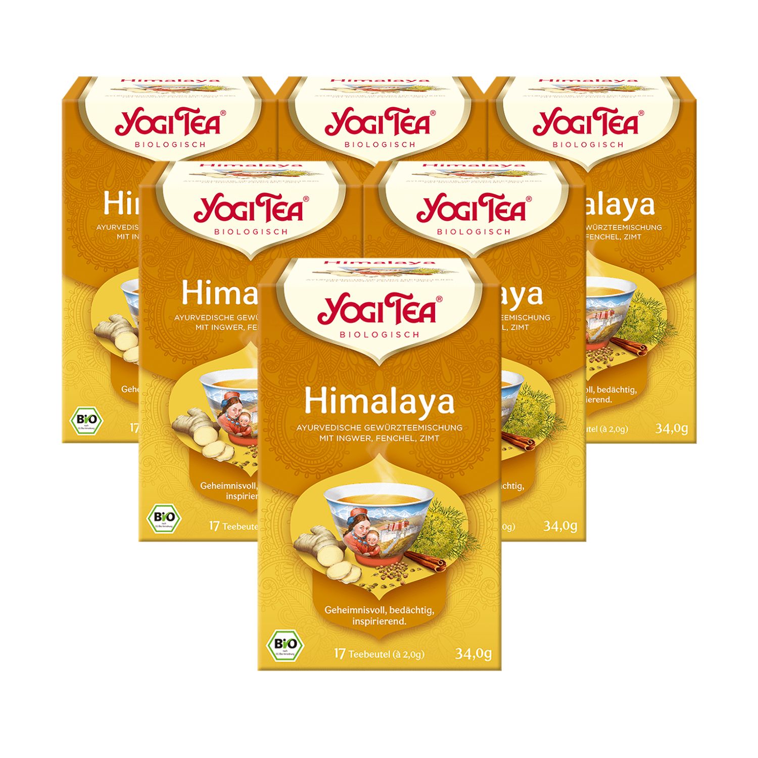 Mehrere Kartons Yogi Tea Himalaya. Aufdruck: Himalaya, ayurvedische Gewürzmischung mit Ingwer, Fenchel, Zimt. Bio-Siegel.