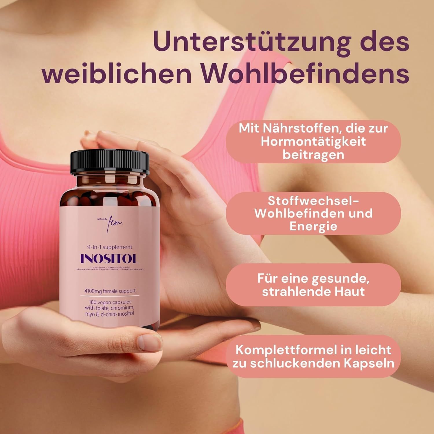 Flasche mit rosa Etikett, gehalten von einer Hand, mit Text über weibliches Wohlbefinden.