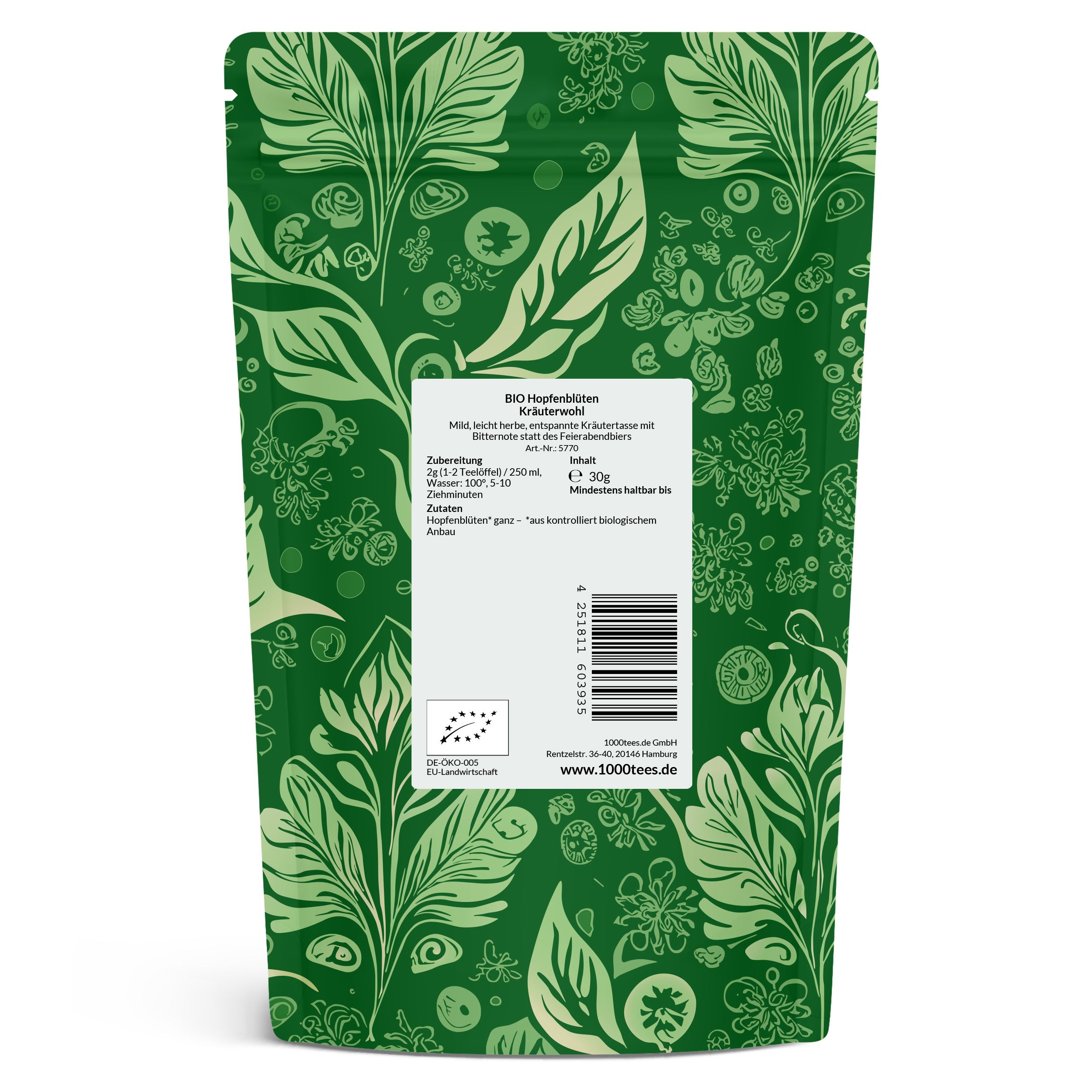 Grüne Verpackung mit floralem Muster. Text: BIO Hopfenblüten Kräuterwohl. EU-Bio-Siegel. Barcode.