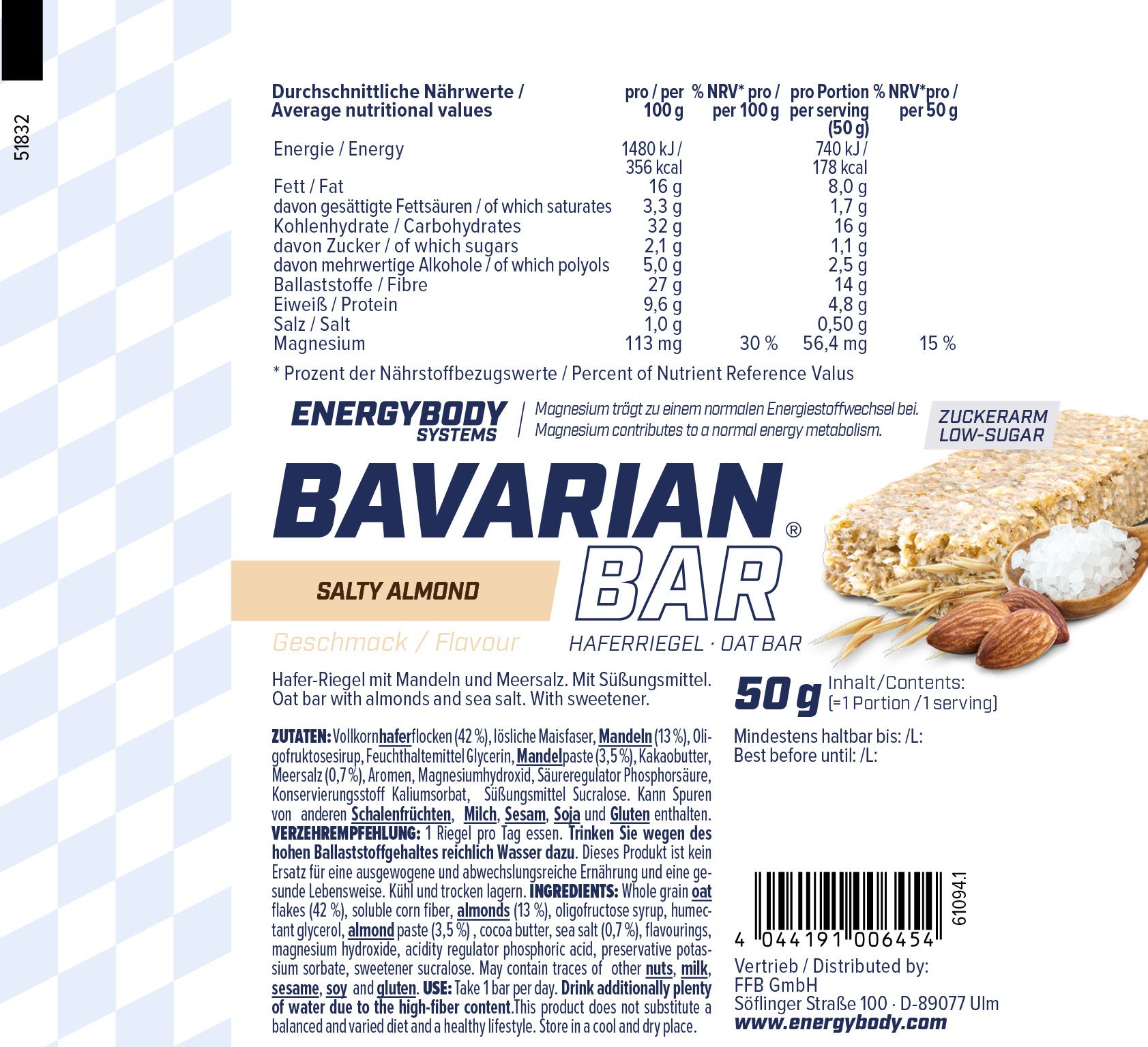 Energybody Bavarian Bar, teilweise geöffnet, mit Mandeln und Meersalz. Text: Salty Almond, Haferriegel, 50g. Nährwertangaben. Zutatenliste.