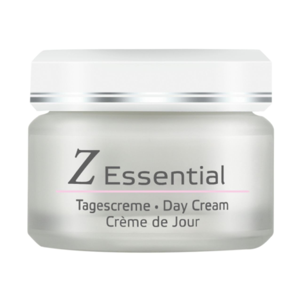 Z Essential Tagescreme Tiegel. Weißer Deckel, graues Glas. Schriftzug: Z Essential, Tagescreme, Day Cream, Crème de Jour.