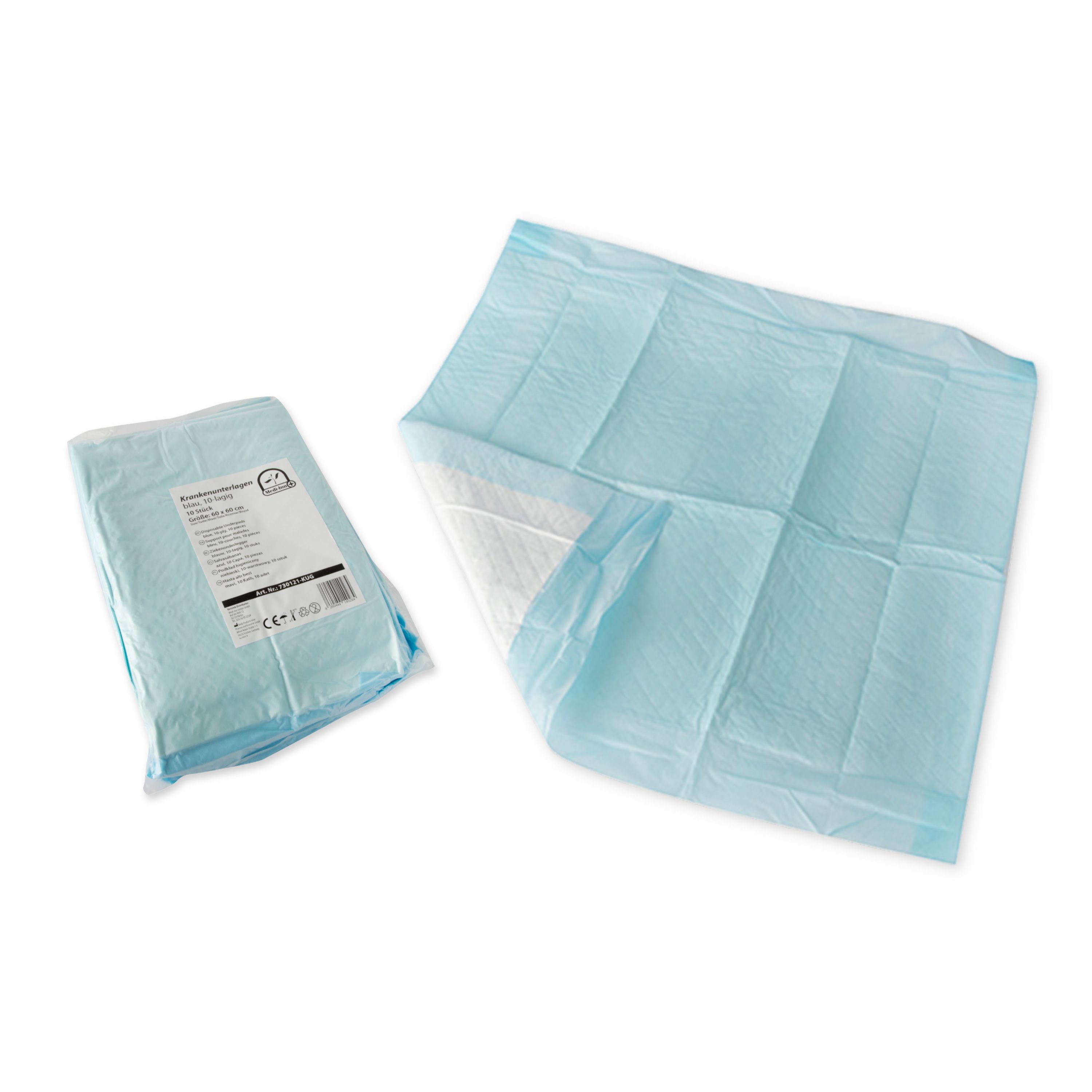 Krankenunterlage, blau, rechteckig, offen und in Verpackung. Verpackung mit Text und CE-Kennzeichnung.