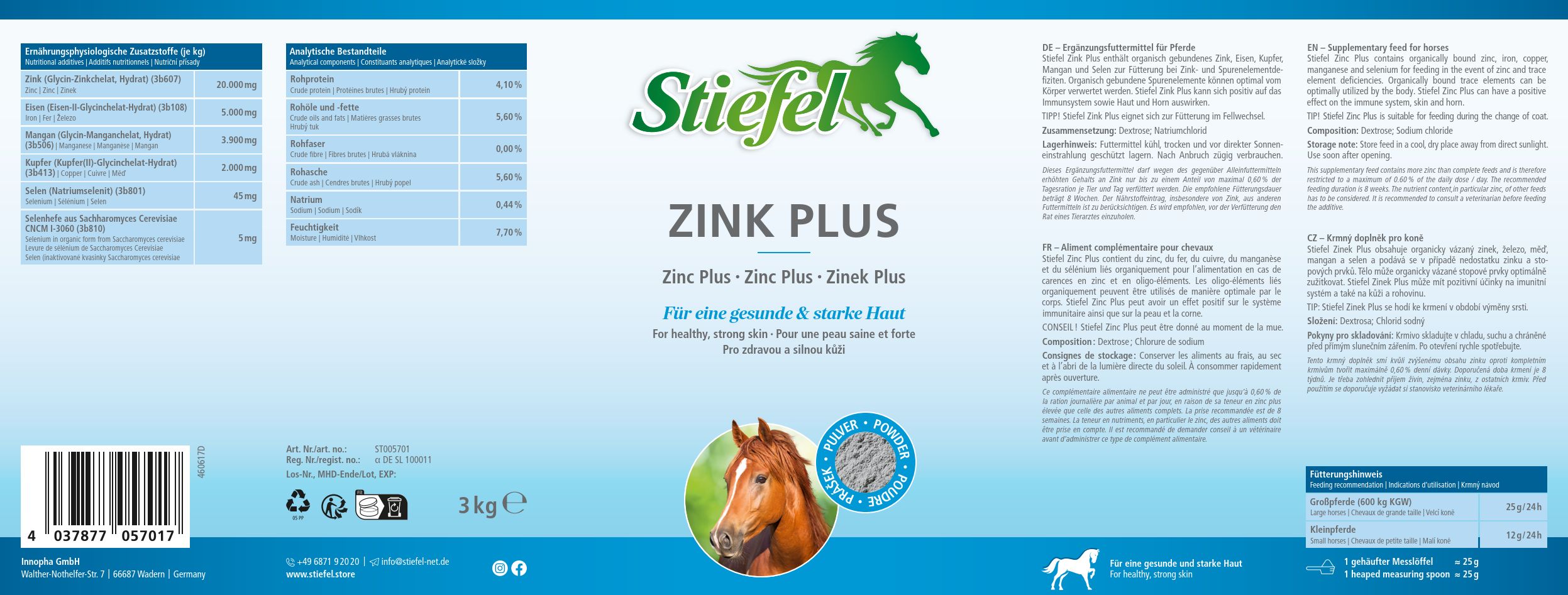 Etikett von Stiefel Zink Plus. Enthält Produktinformationen, Inhaltsstoffe und ein Bild eines Pferdes. 3kg.