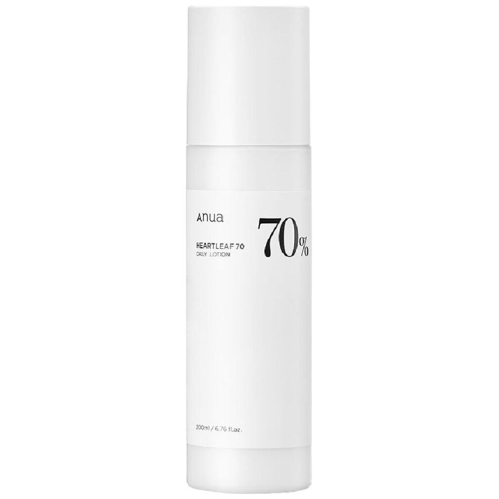 Weiße Flasche ANUA Heartleaf 70 Daily Lotion mit schwarzem Aufdruck und 200ml Angabe.