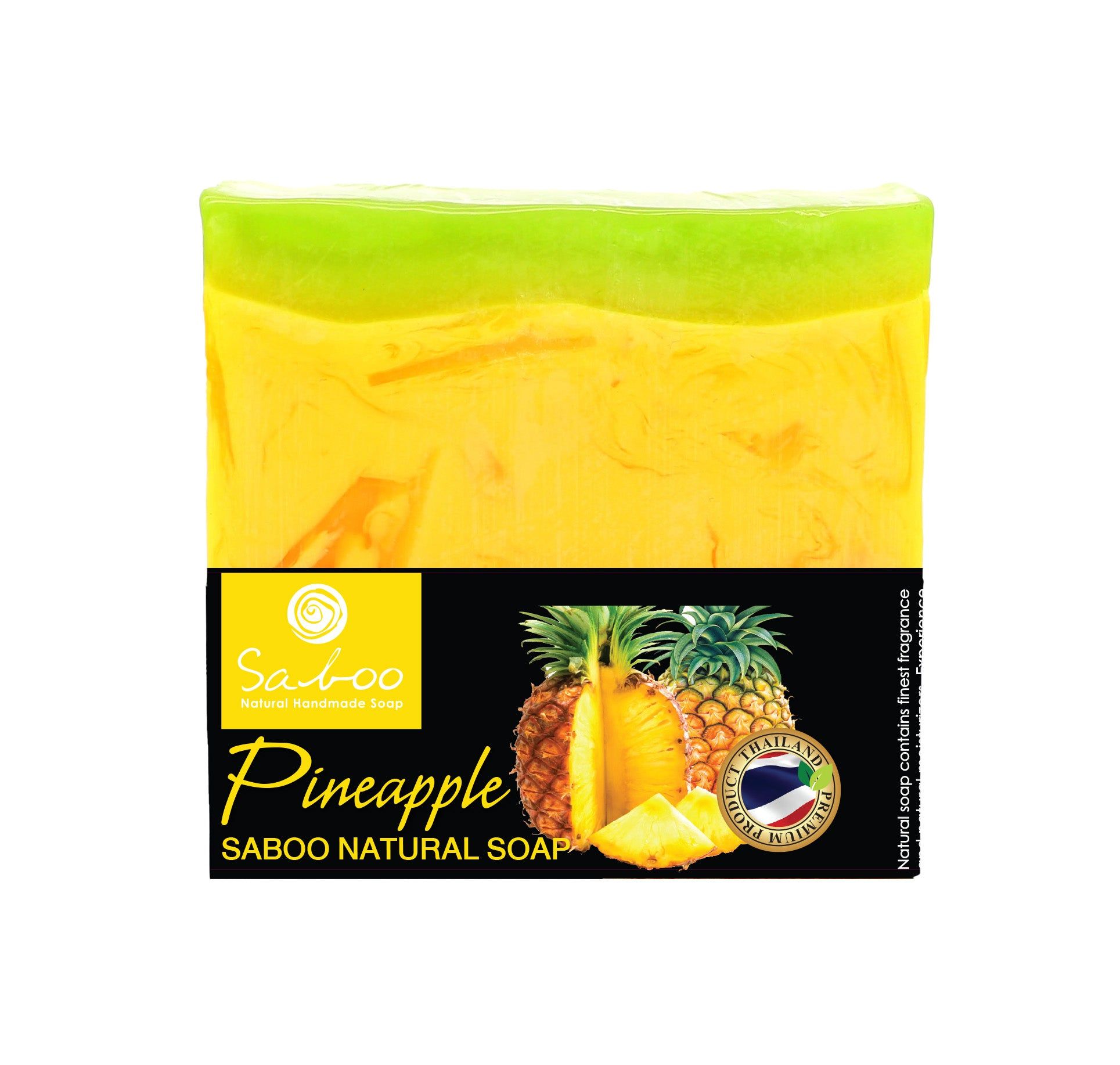 Saboo Naturseife MP, Ananas. Gelb-grüner Seifenblock mit Ananas-Illustration und Schriftzug. Schwarze Banderole mit Logo und Produktname.