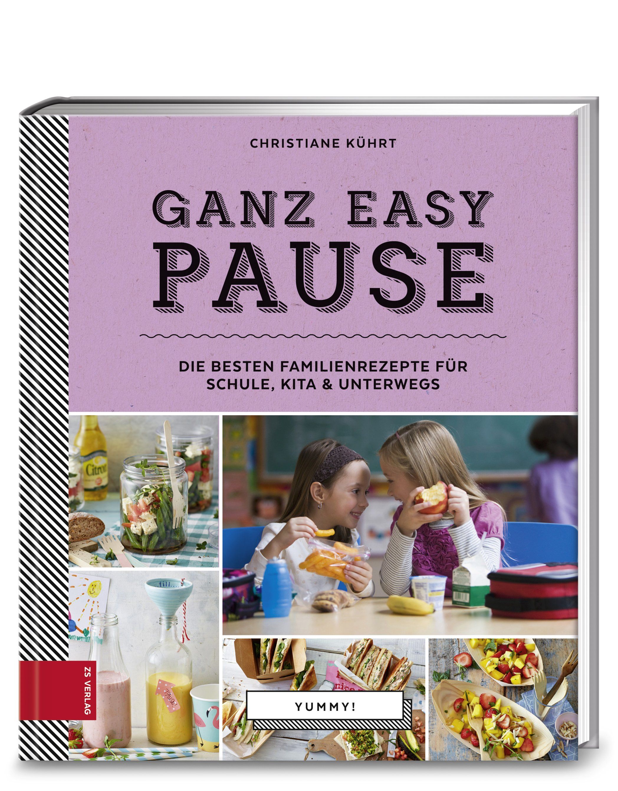 Buchcover mit Titel "Ganz easy Pause". Collage mit Fotos von Speisen und Kindern. Autorin: Christiane Kührt. Verlag-Logo.