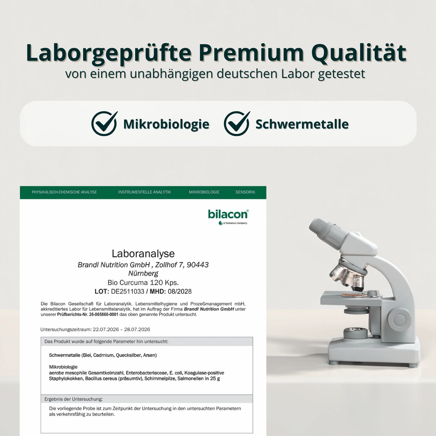 Brandl Bio Curcuma Extrakt Laboranalyse: Mikrobiologie, Schwermetalle geprüft.