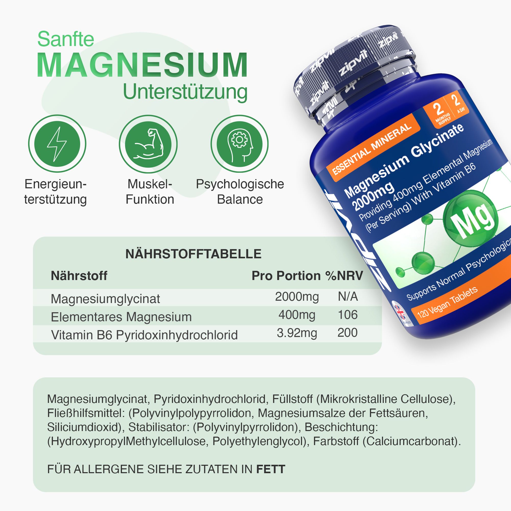 Blaue Flasche Zipvit Magnesium Glycinat 2000mg. Text: Nährstofftabelle, Magnesiumglycinat, Elementares Magnesium, Vitamin B6.