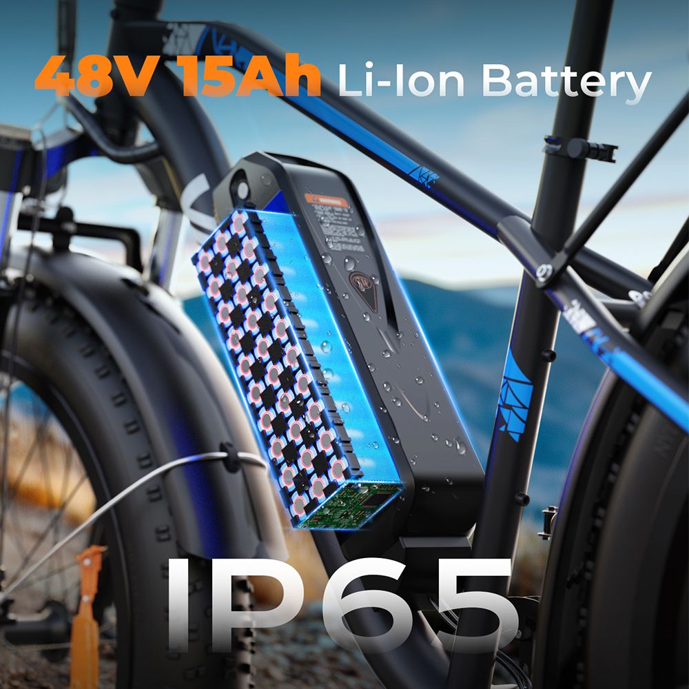 E-Bike-Akku mit 48V 15Ah Li-Ion-Batterie. Text: IP65.