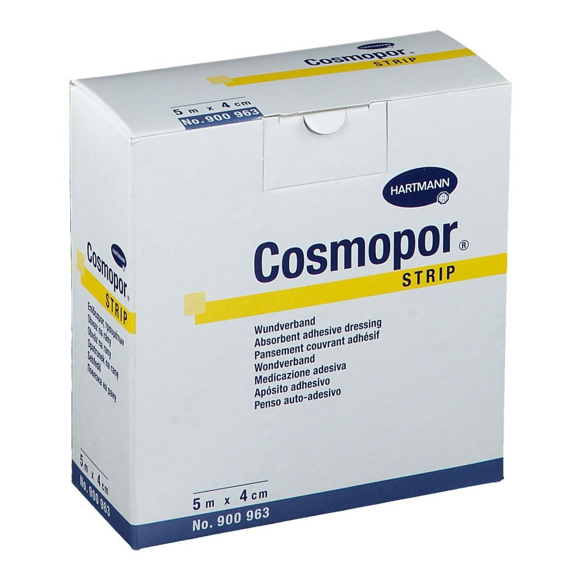 Karton Cosmopor Strip, 5m x 4cm. Aufschrift: Wundverband, Hartmann. Gelbe Streifen. Blaue Schrift. Produktnummer.