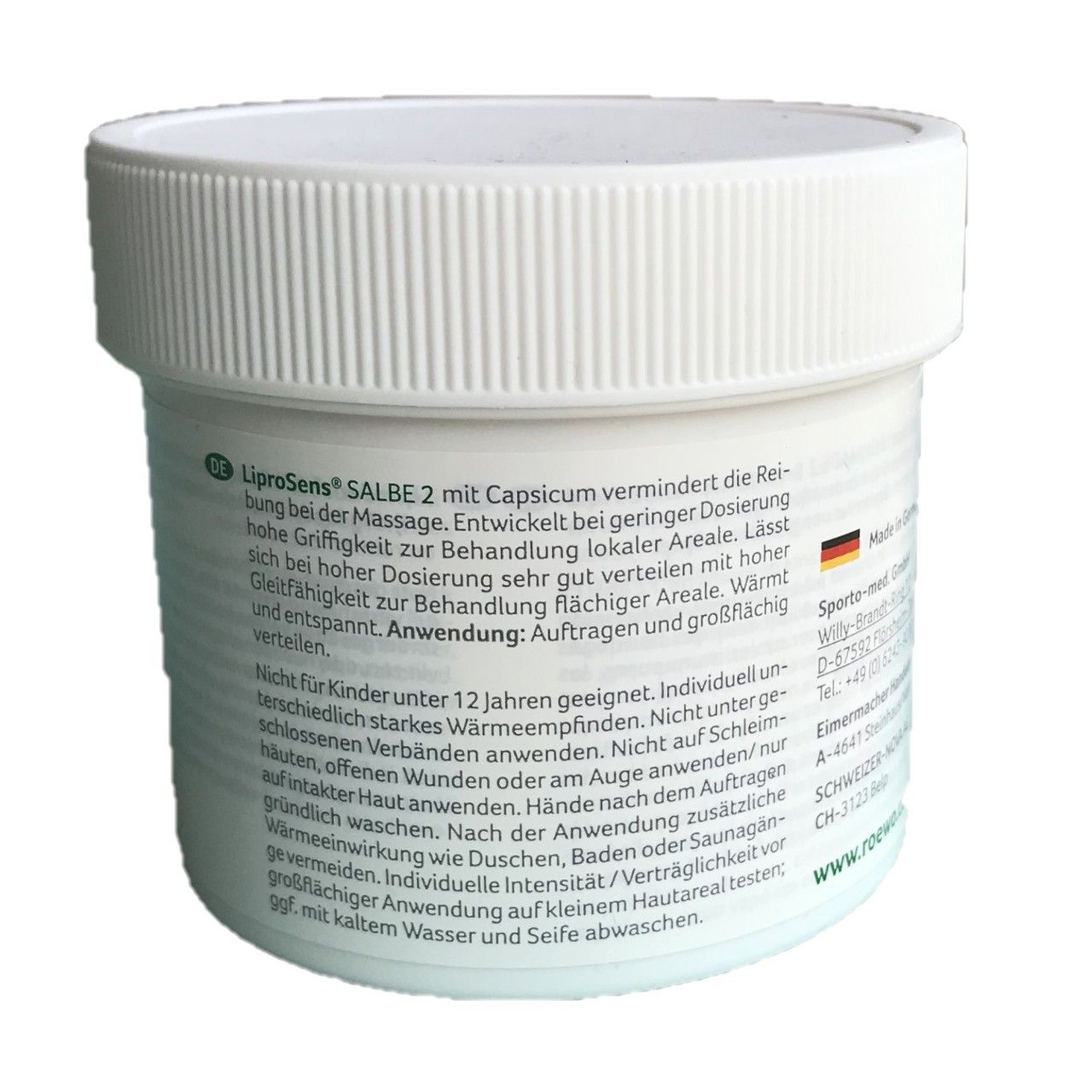 Weißer Tiegel, Rückseite mit Text. Aufschrift: LiproSens Salbe 2. Text in Deutsch.