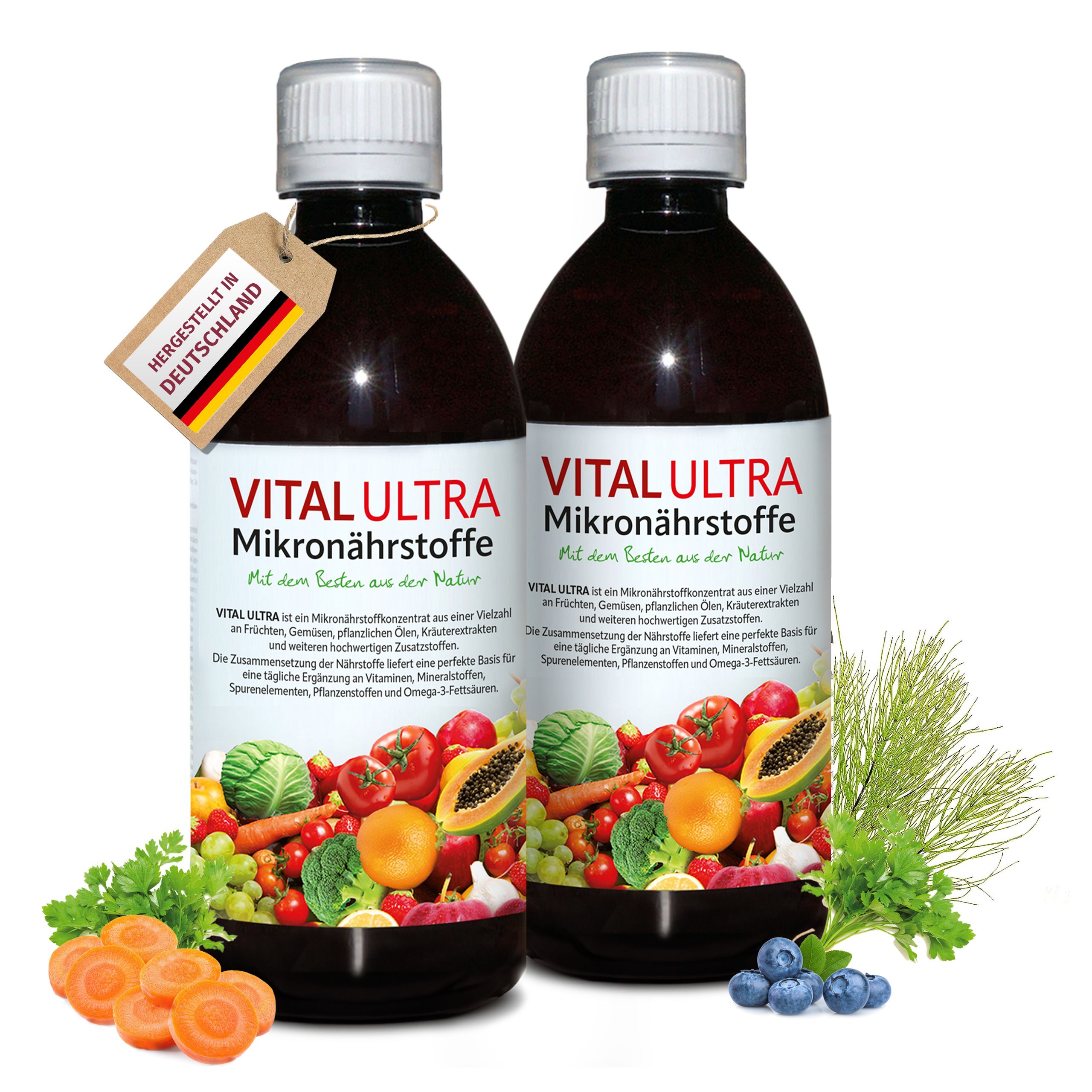 Zwei Flaschen VITAL ULTRA Mikronährstoffe mit Etikett und Anhänger "Hergestellt in Deutschland".