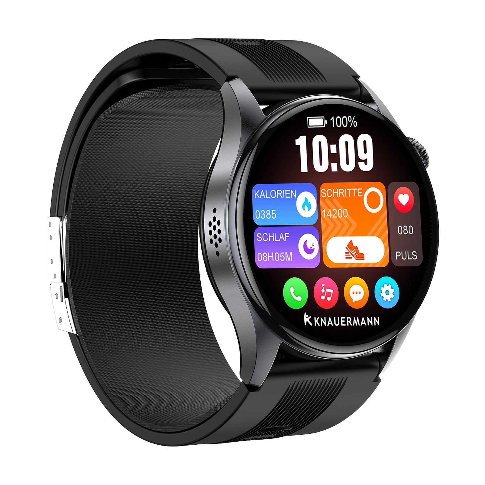 Smartwatch mit schwarzem Armband, zeigt Kalorien, Schlaf, Schritte und Puls an.
