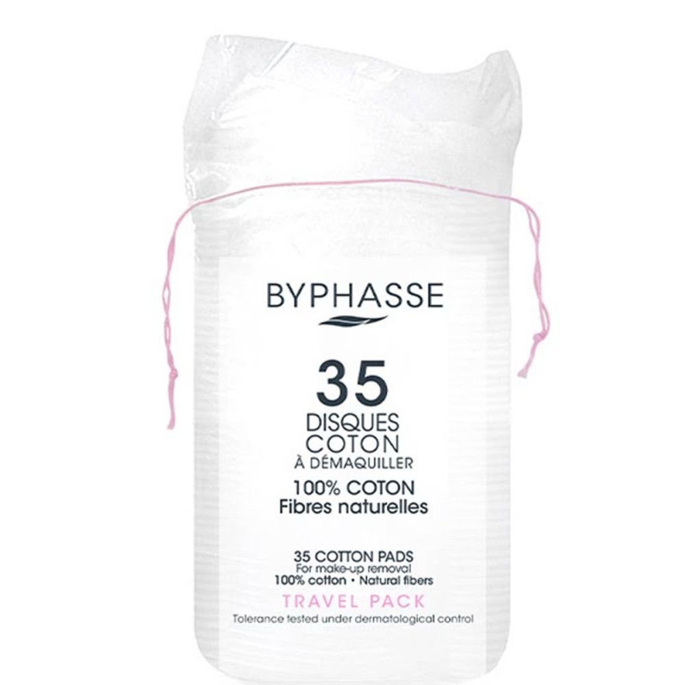 Verpackung mit Wattepads. Aufschrift: Byphasse, 35 Disques coton à démaquiller, 100% Coton, Fibres naturelles. Travel Pack.