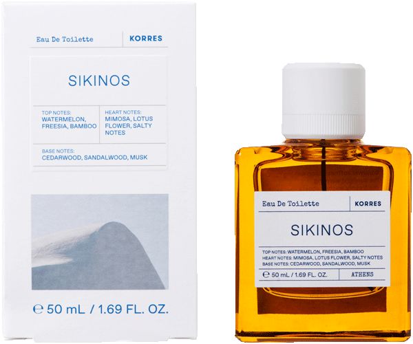 KORRES Eau de Toilette Sikinos. Flakon und Verpackung. Weißes Etikett mit Produktnamen und Inhaltsstoffen. 50 ml.