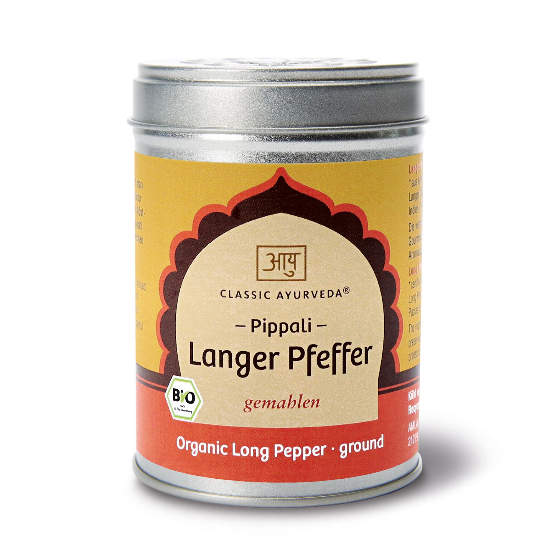 Zylindrische Dose mit Etikett. Aufschrift: Classic Ayurveda - Pippali - Langer Pfeffer. Bio-Siegel.