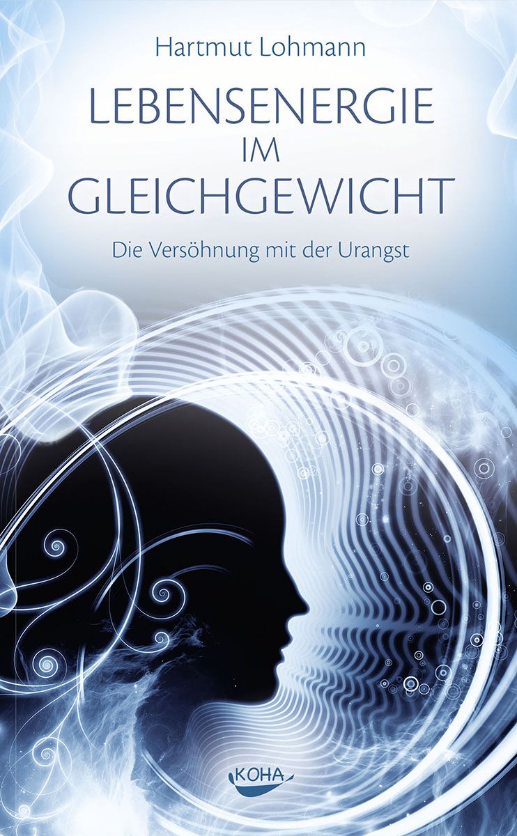 Buchcover mit Titel: Lebensenergie im Gleichgewicht. Autor: Hartmut Lohmann. Silhouetten-Gesicht, blaue Grafik.