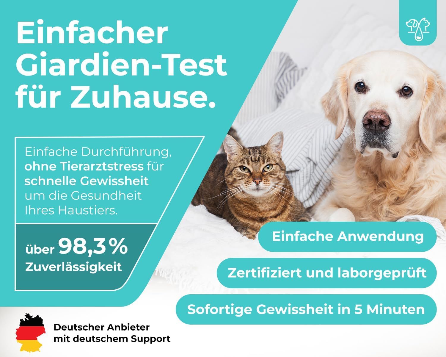 Katze und Hund. Text: Einfacher Giardien-Test für Zuhause. Einfache Anwendung. Zertifiziert und laborgeprüft. Sofortige Gewissheit in 5 Minuten.