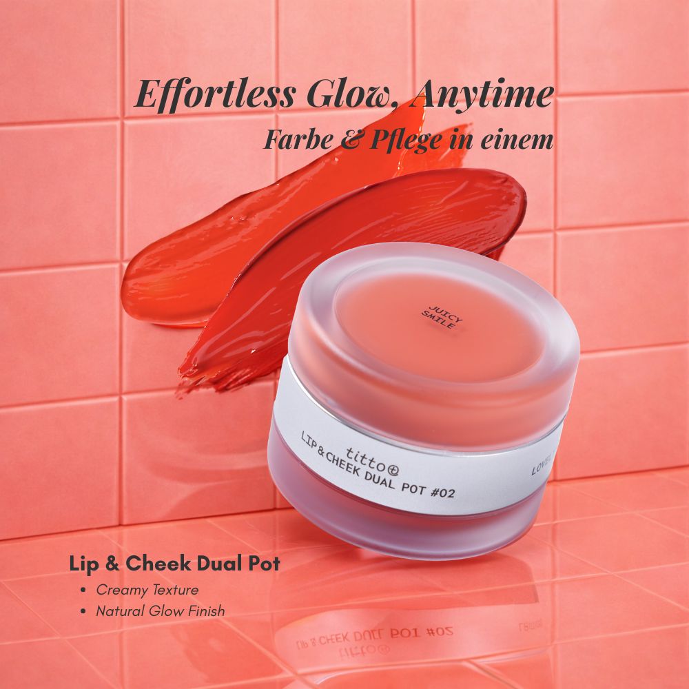 Produktbild und Swatches. Lippen- und Wangenfarben-Topf und Farbabstriche. Text: Effortless Glow, Anytime.