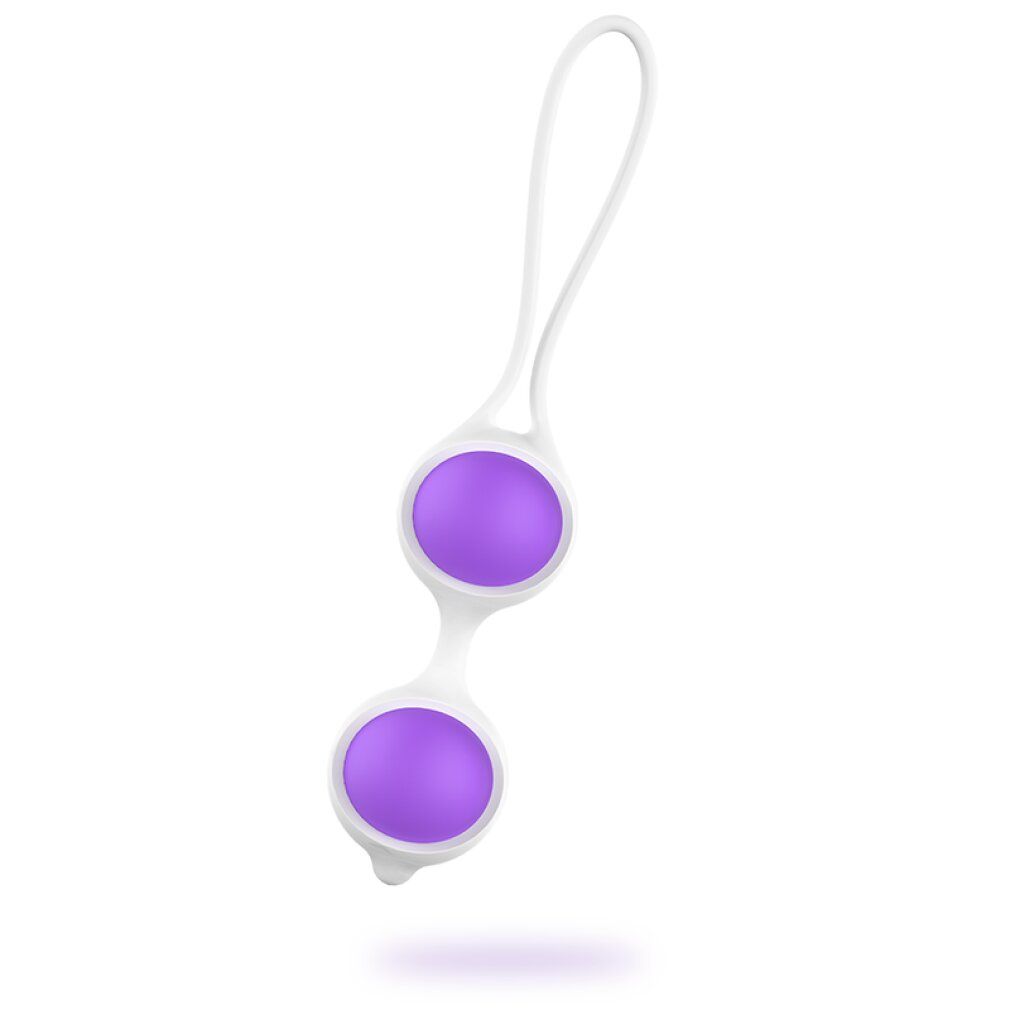 Zwei lila Kugeln, verbunden durch ein weißes Band. Die Kugeln sind in einem weißen Gehäuse. Oben eine Schlaufe.